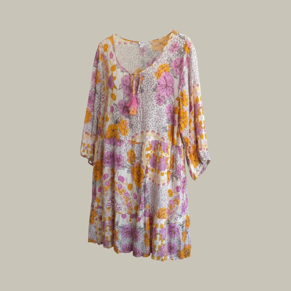 Tribal Jeans XXL Floral Patchwork Boho Tiered Tunic Dress Pink Yellow Tassel Tie
